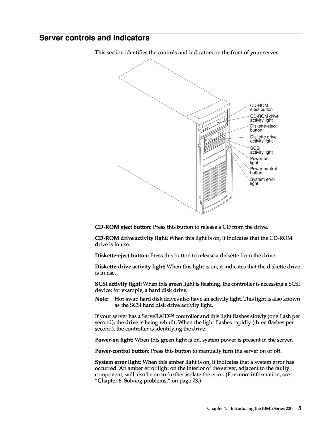 IBM 220 manual Server controls and indicators 