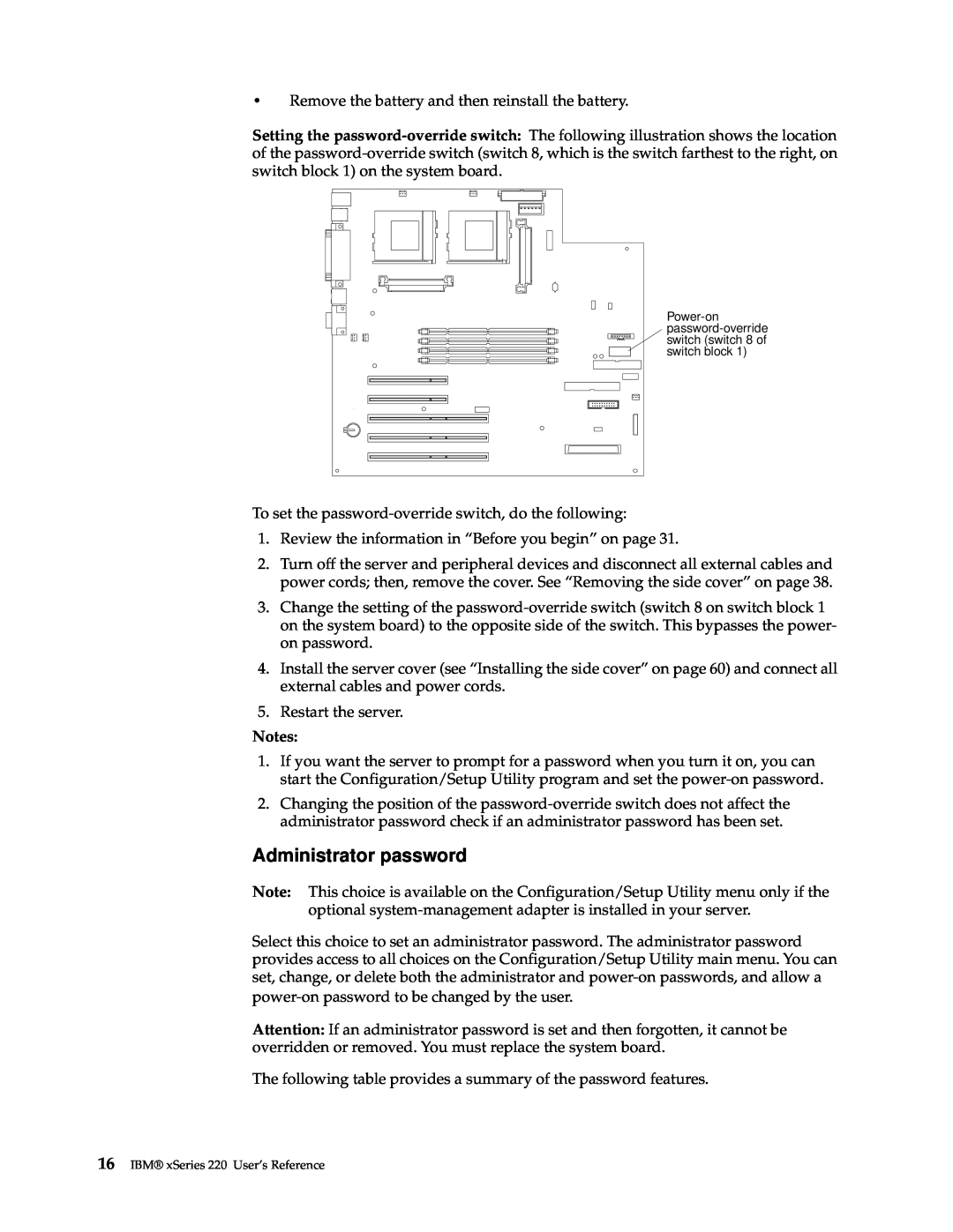IBM manual Administrator password, IBM xSeries 220 User’s Reference 