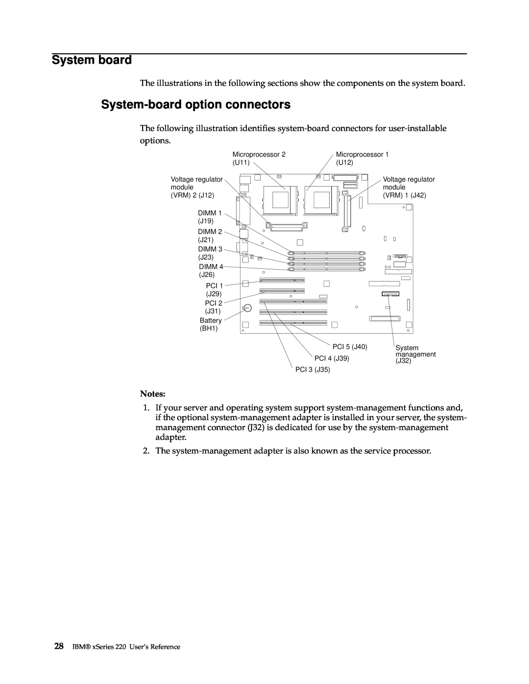 IBM manual System board, System-board option connectors, IBM xSeries 220 User’s Reference 