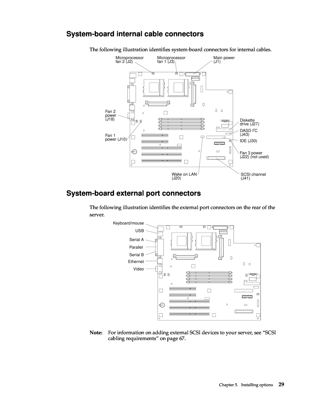 IBM 220 manual System-board internal cable connectors, System-board external port connectors, Installing options 