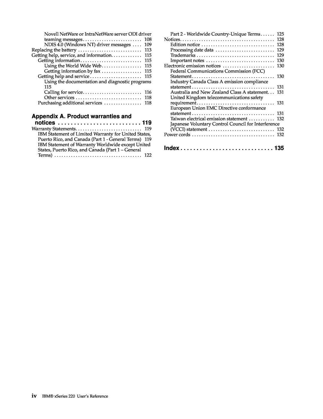 IBM 220 manual Appendix A. Product warranties and notices, Index 