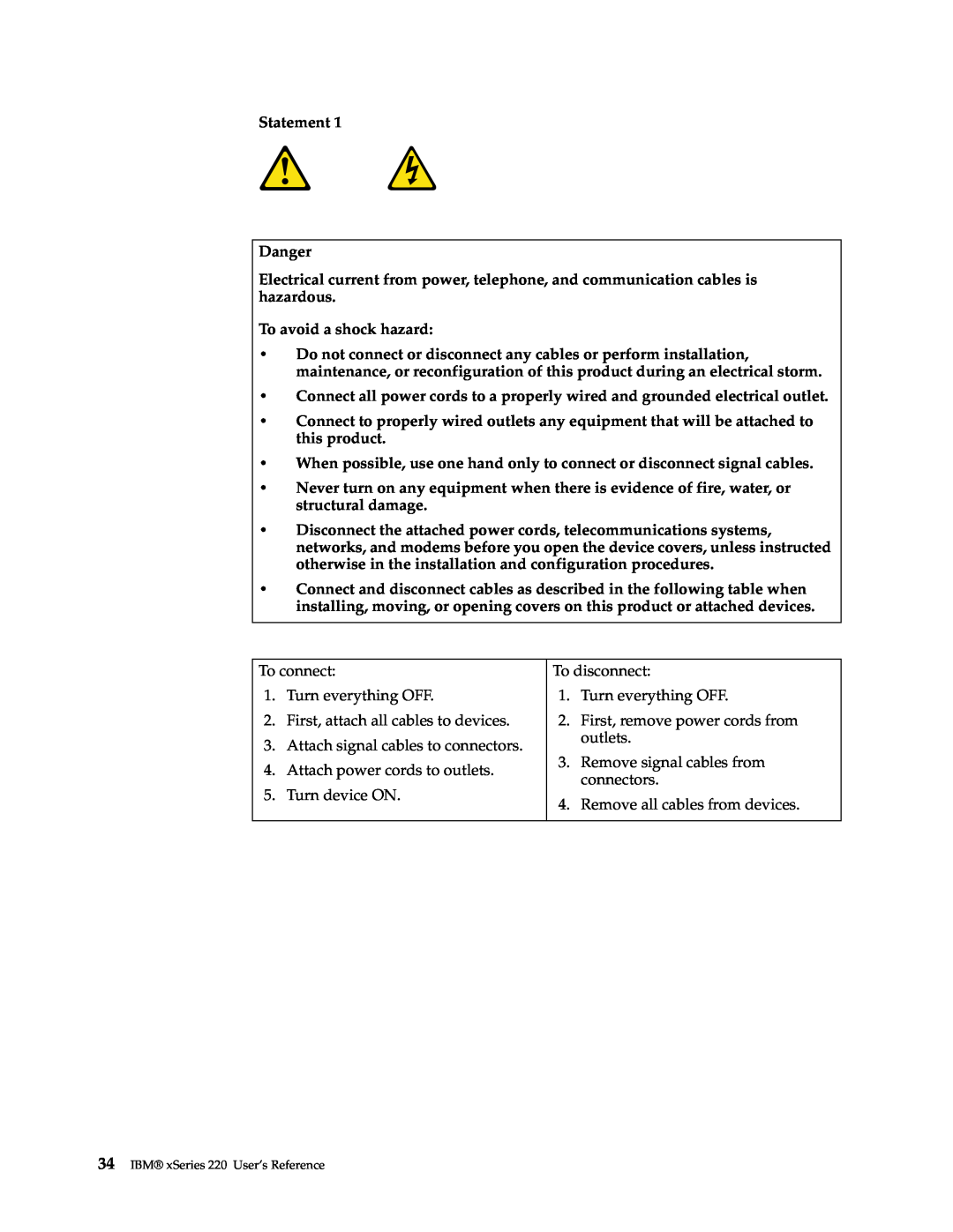 IBM manual Statement Danger, To avoid a shock hazard, IBM xSeries 220 User’s Reference 