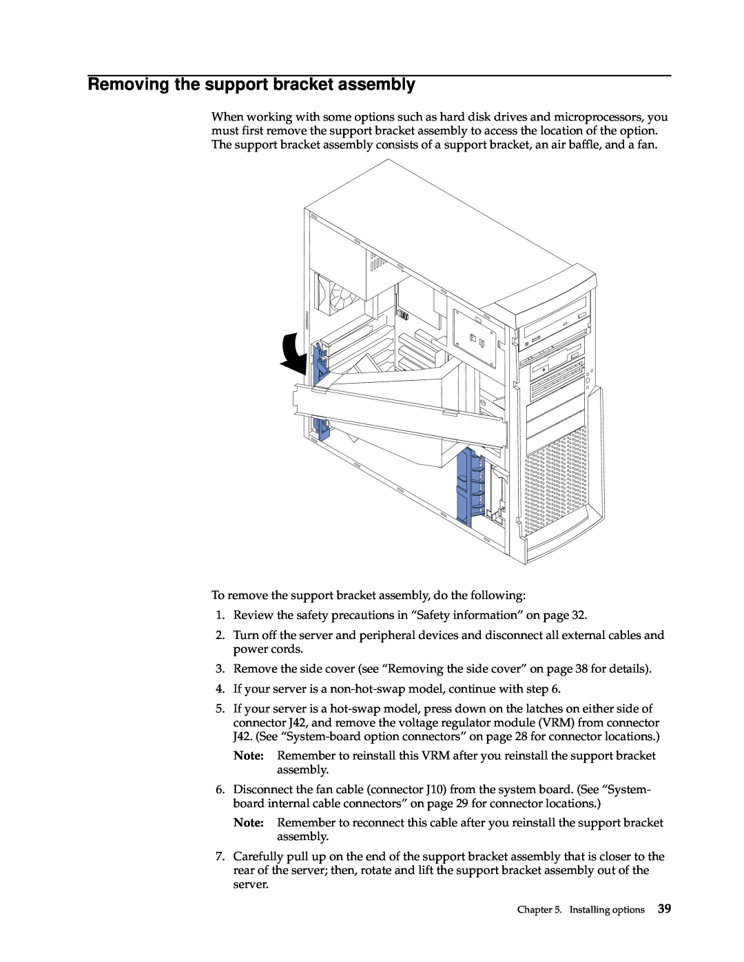 IBM 220 manual Removing the support bracket assembly 