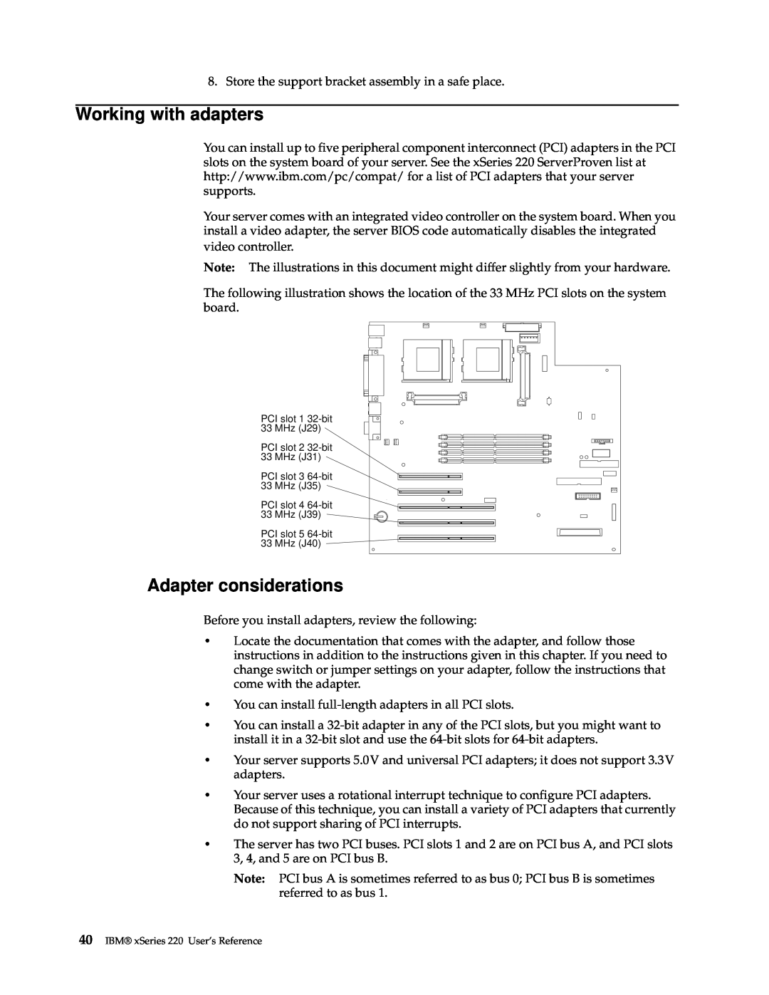 IBM manual Working with adapters, Adapter considerations, IBM xSeries 220 User’s Reference 