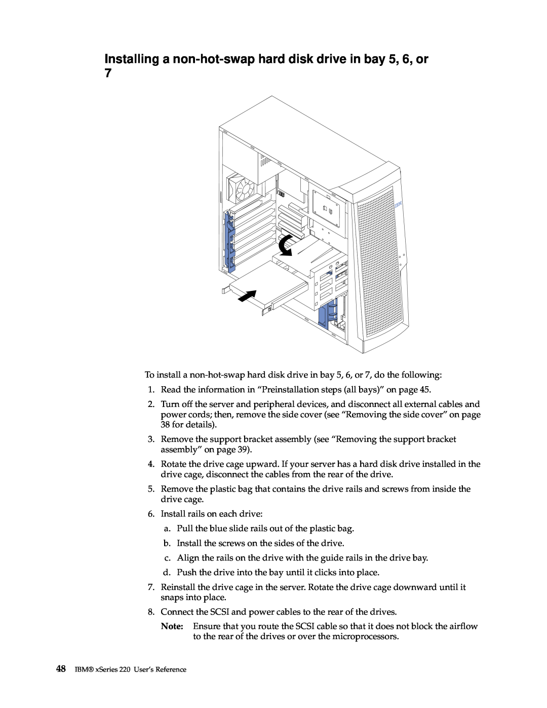 IBM manual Installing a non-hot-swap hard disk drive in bay 5, 6, or, IBM xSeries 220 User’s Reference 