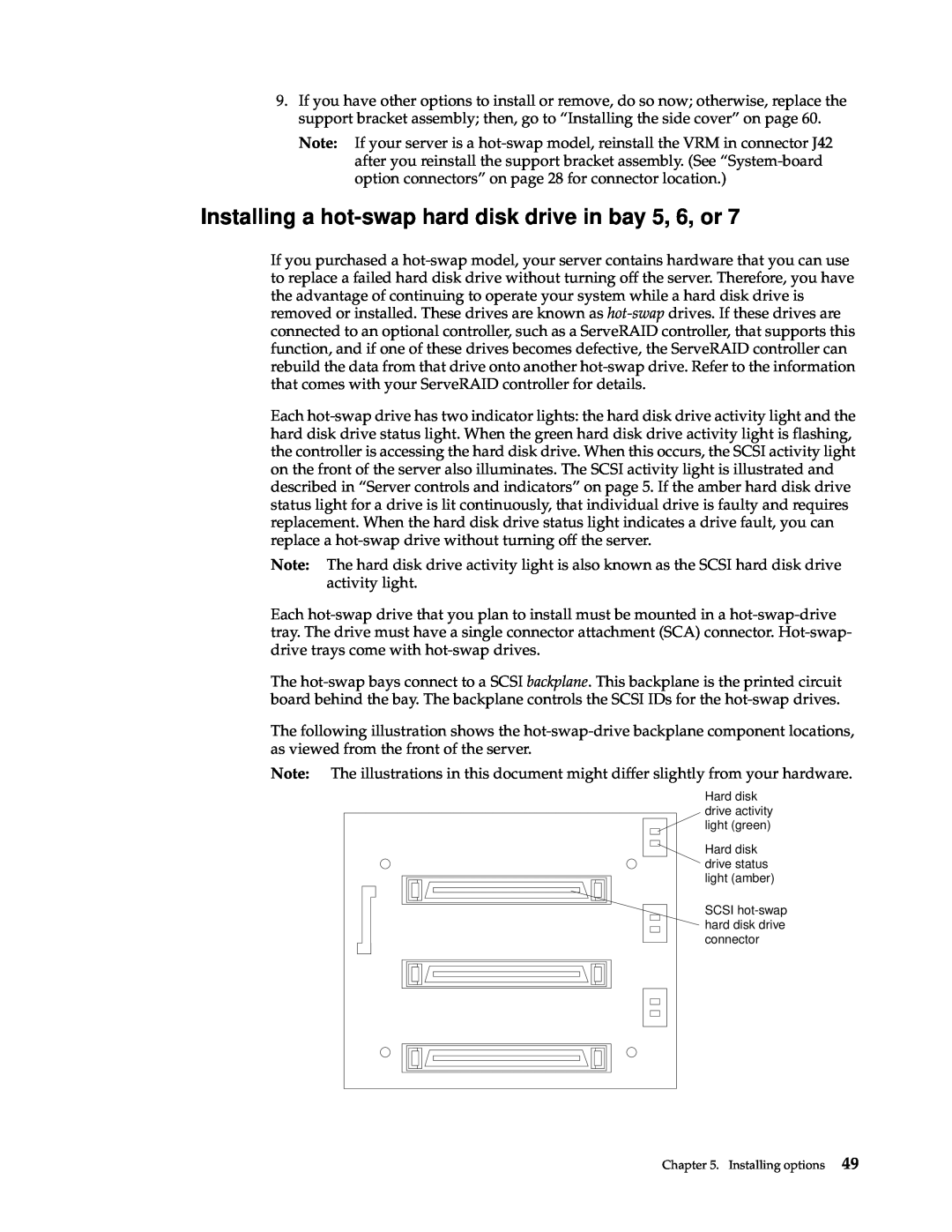 IBM 220 manual Installing a hot-swap hard disk drive in bay 5, 6, or, Hard disk drive activity light green 
