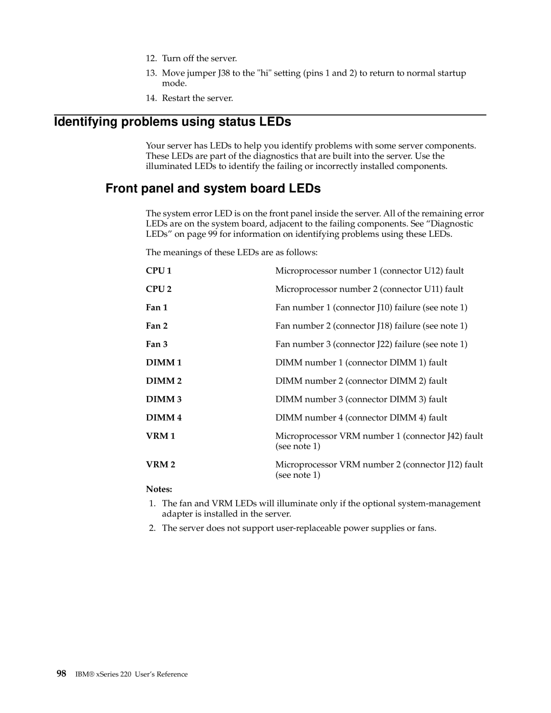 IBM 220 manual Identifying problems using status LEDs, Front panel and system board LEDs, Fan 