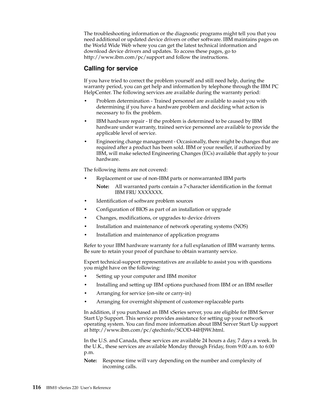 IBM 220 manual Calling for service, Ibm Fru 