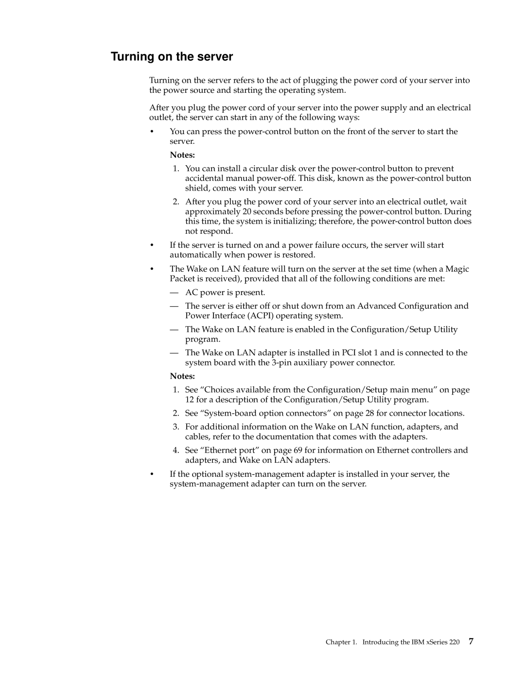 IBM 220 manual Turning on the server 