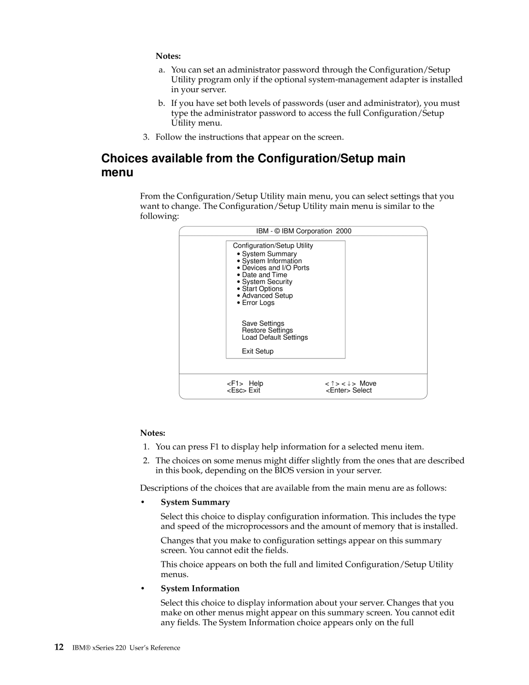 IBM 220 manual Choices available from the Configuration/Setup main menu, System Summary, System Information 