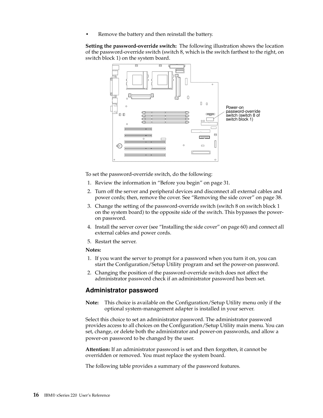 IBM 220 manual Administrator password 