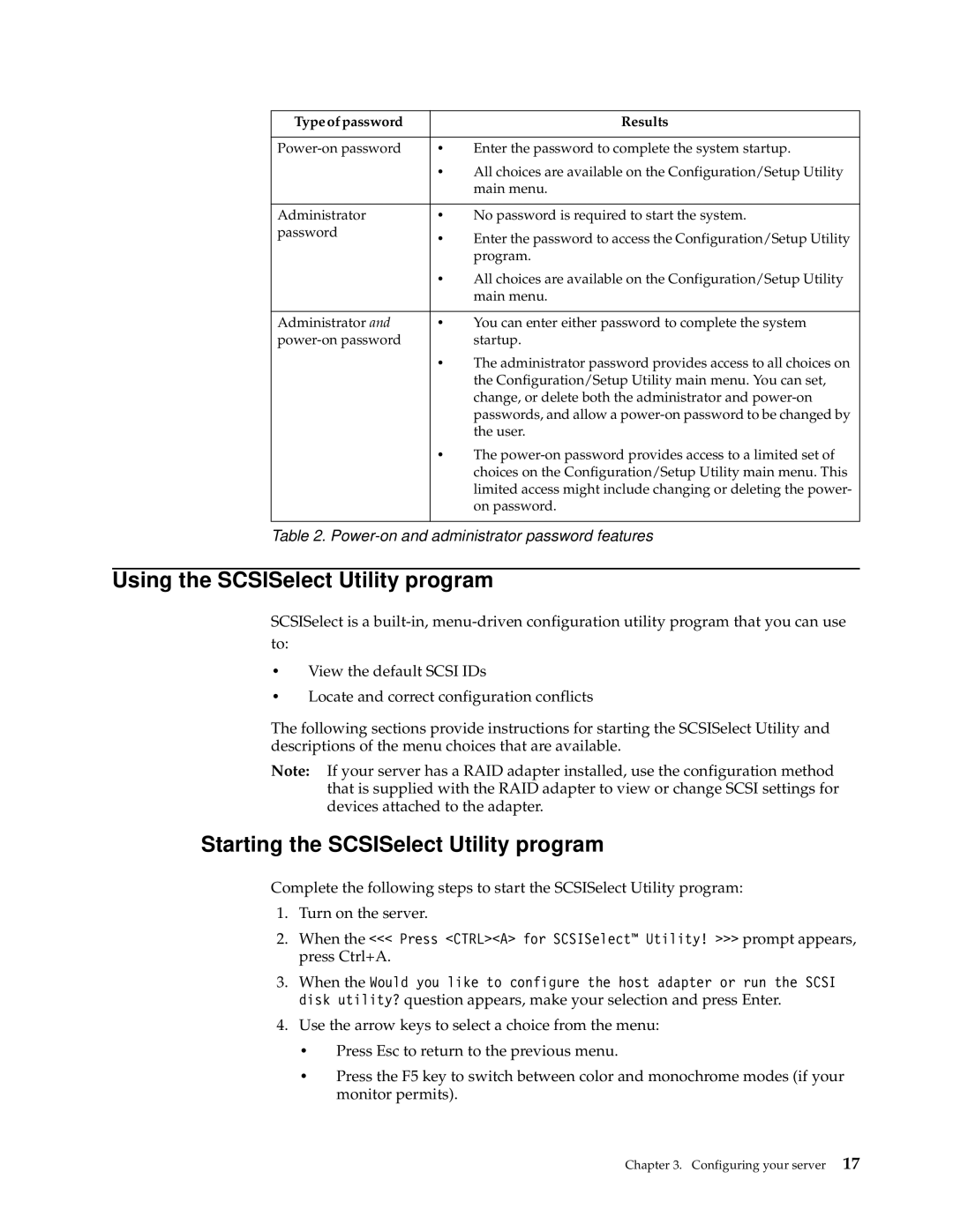 IBM 220 manual Using the SCSISelect Utility program, Starting the SCSISelect Utility program, Type of password Results 