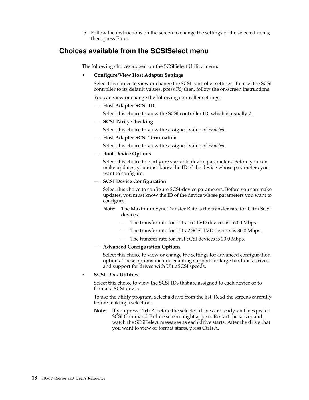 IBM 220 manual Choices available from the SCSISelect menu 