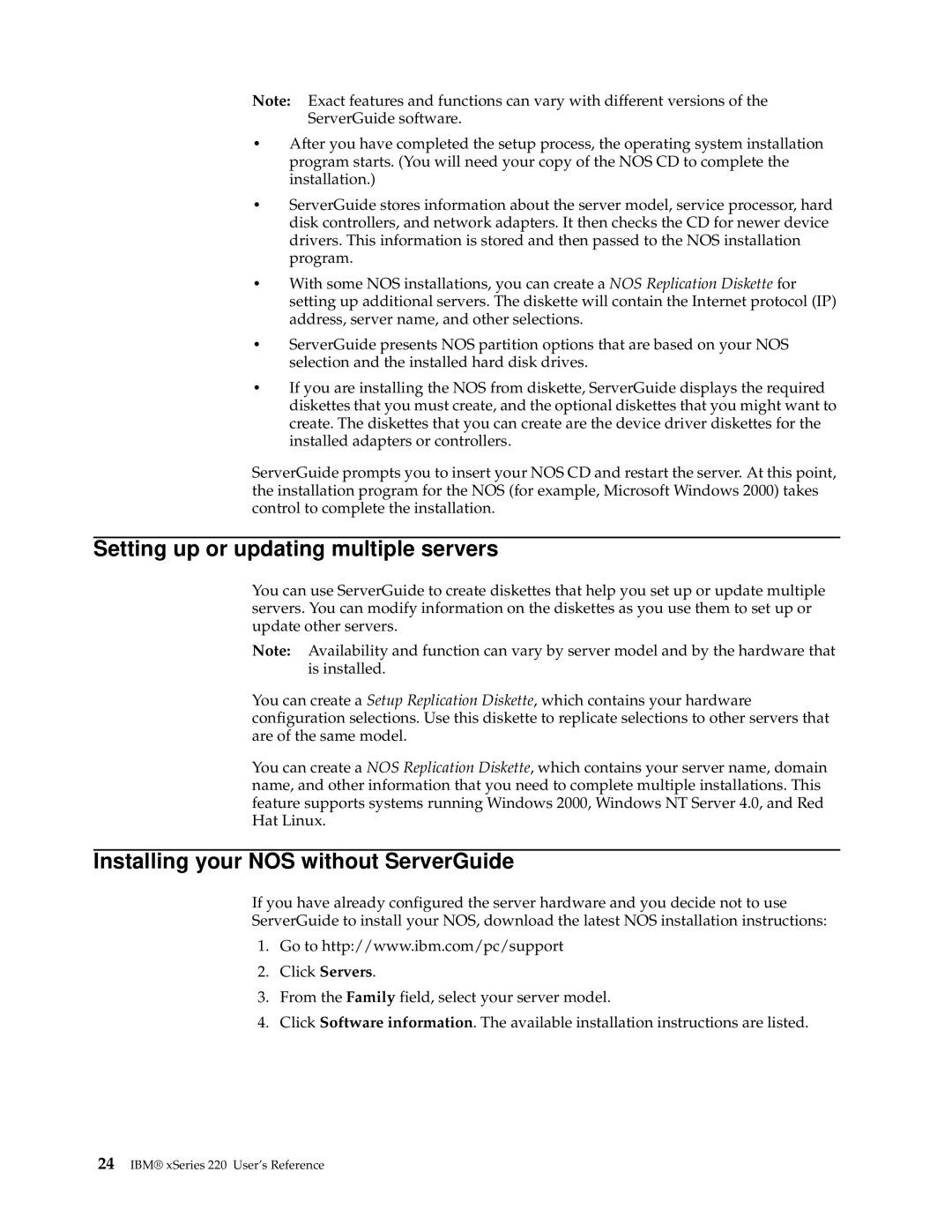 IBM 220 manual Setting up or updating multiple servers, Installing your NOS without ServerGuide 