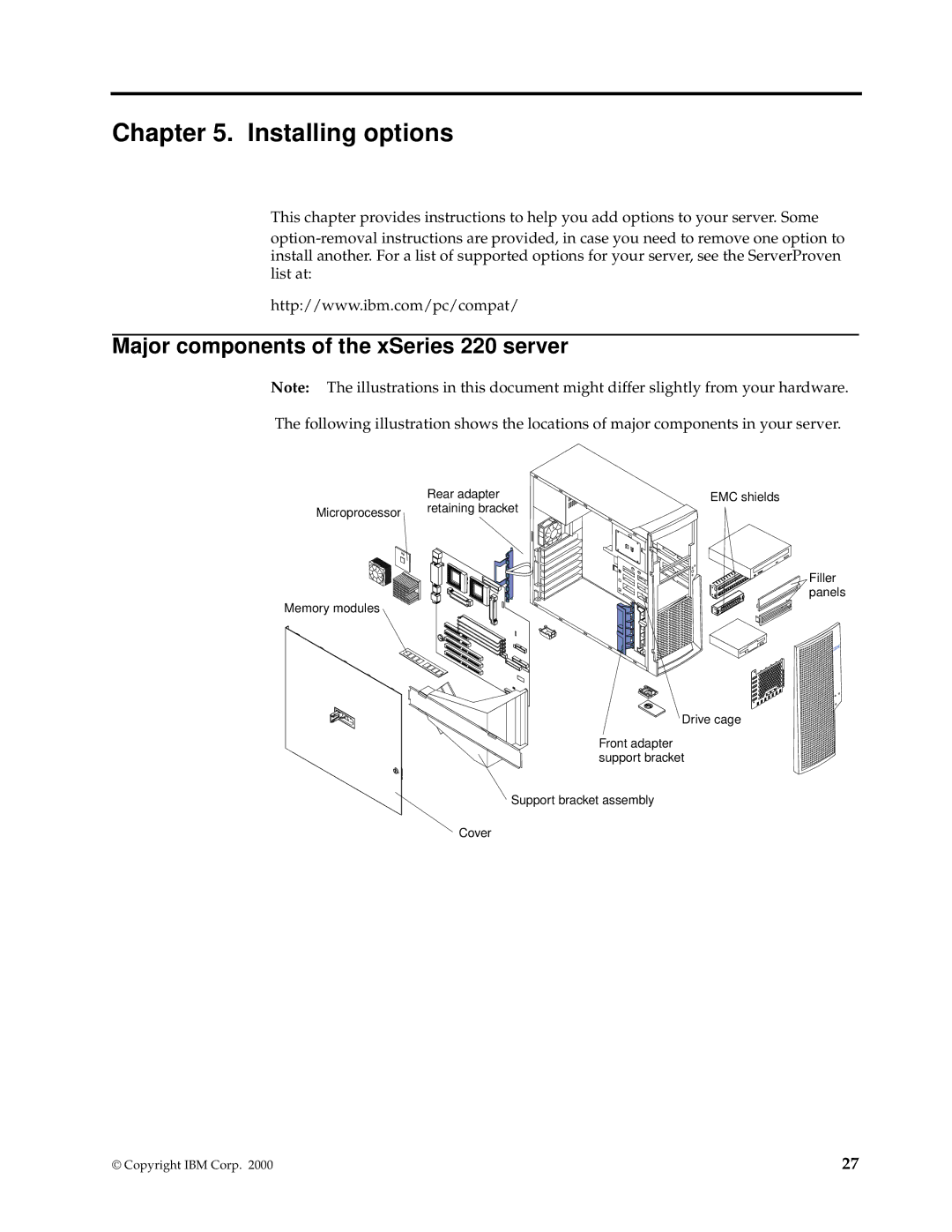 IBM manual Installing options, Major components of the xSeries 220 server 