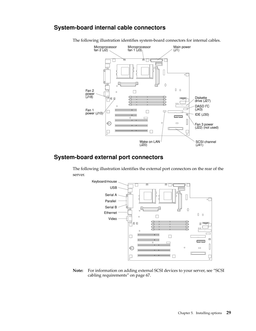 IBM 220 manual System-board internal cable connectors, System-board external port connectors 