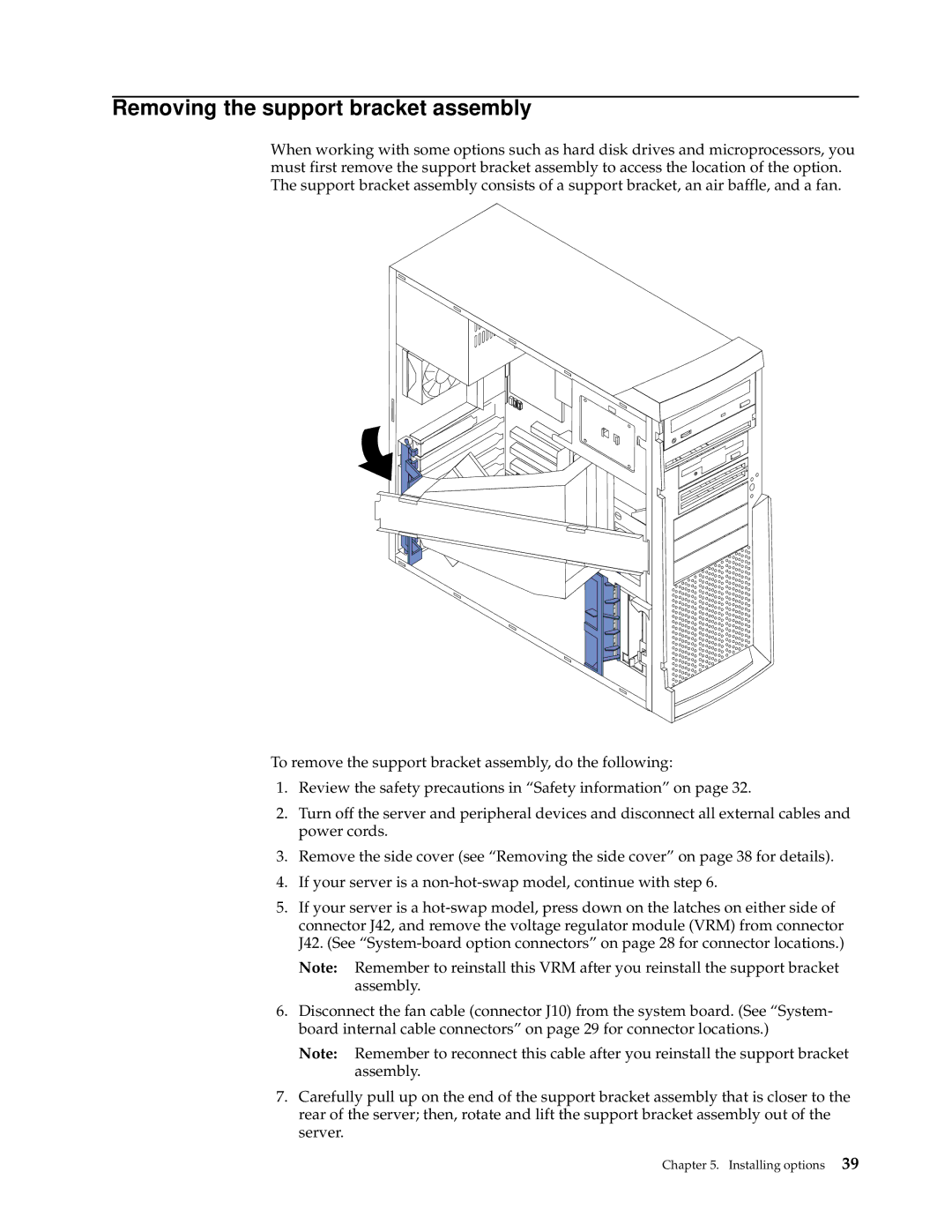 IBM 220 manual Removing the support bracket assembly 