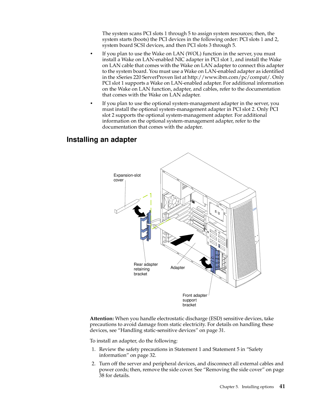 IBM 220 manual Installing an adapter 