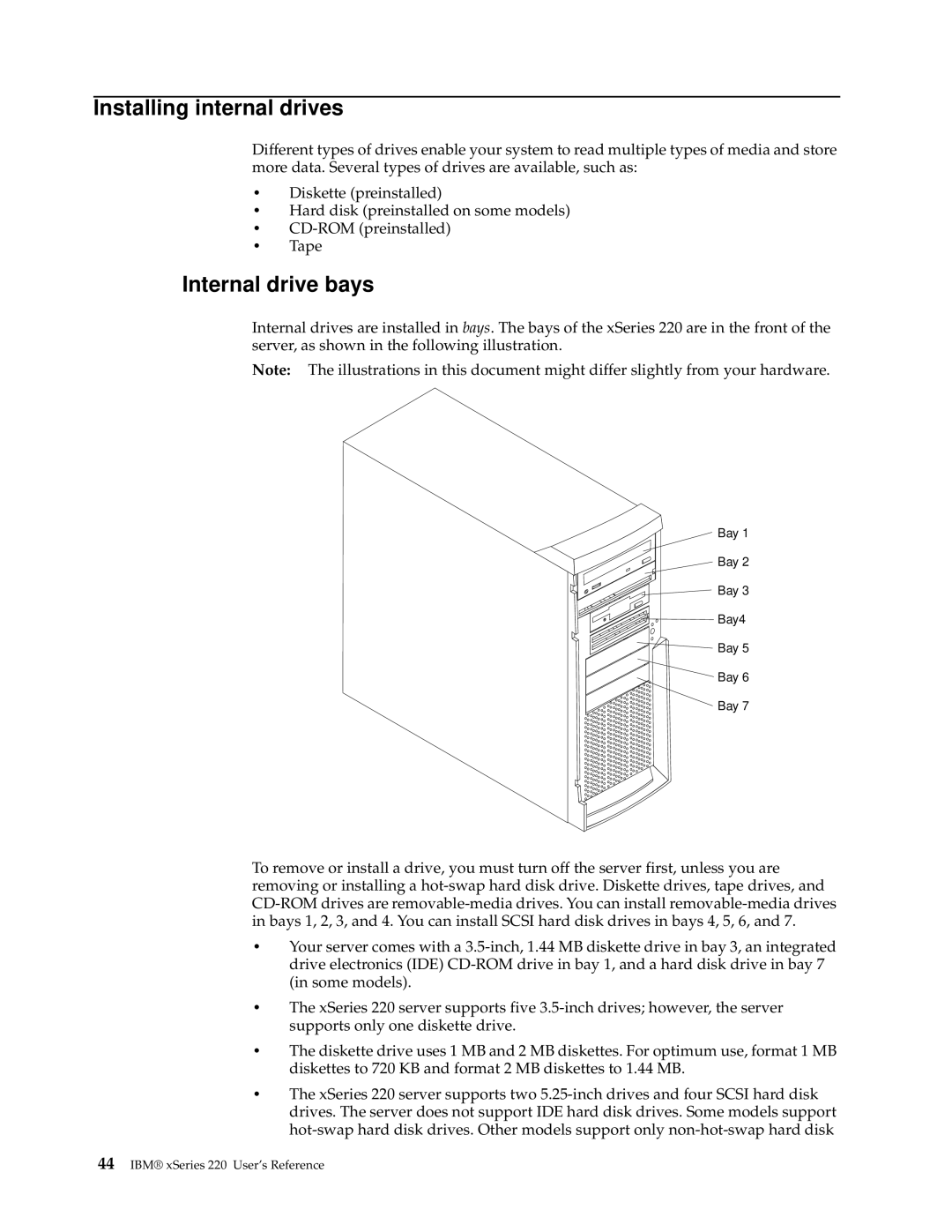 IBM 220 manual Installing internal drives, Internal drive bays 