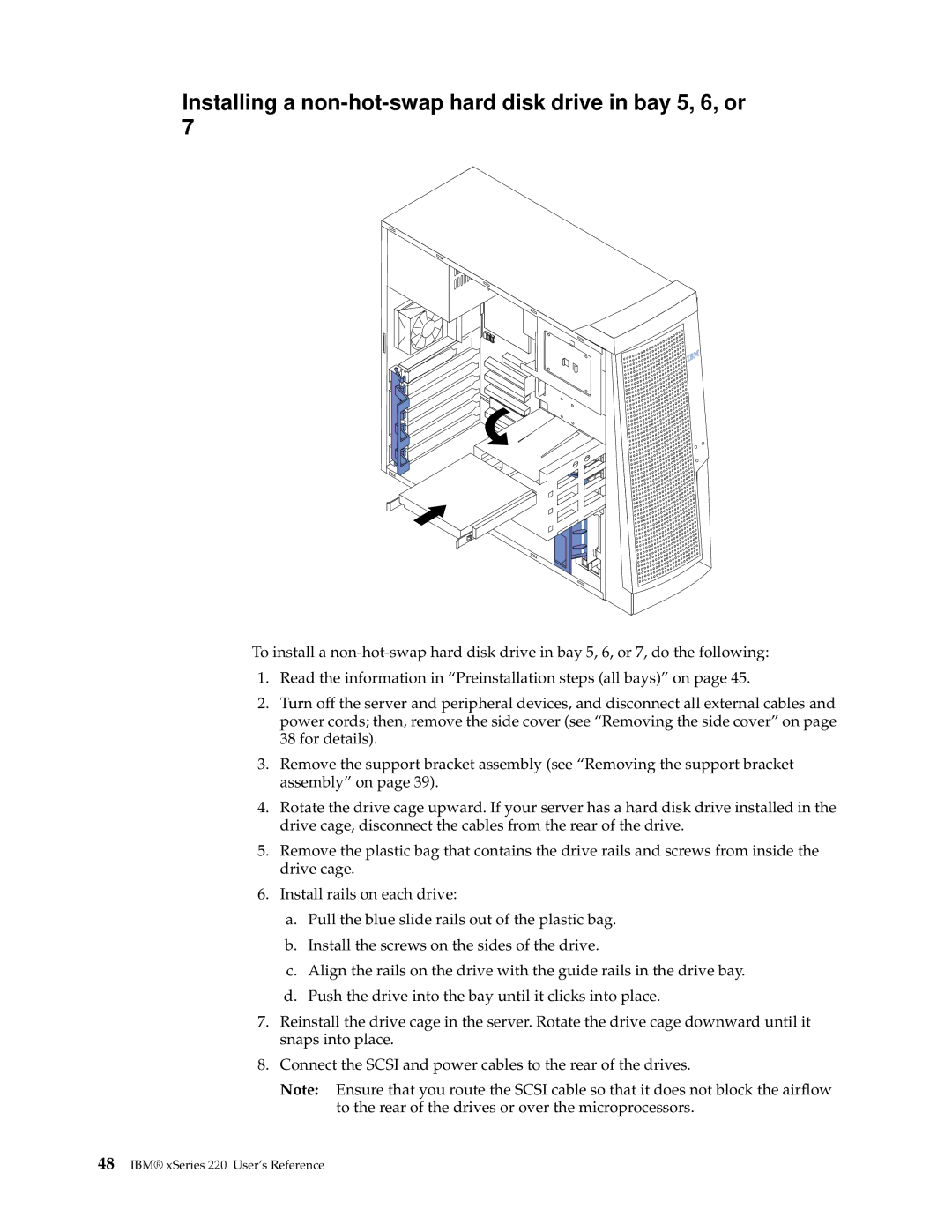 IBM 220 manual Installing a non-hot-swap hard disk drive in bay 5, 6, or 