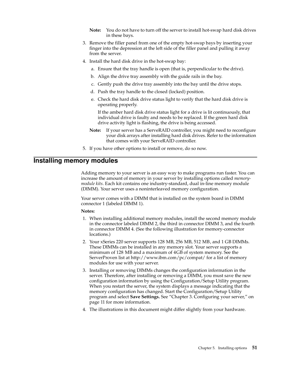 IBM 220 manual Installing memory modules 