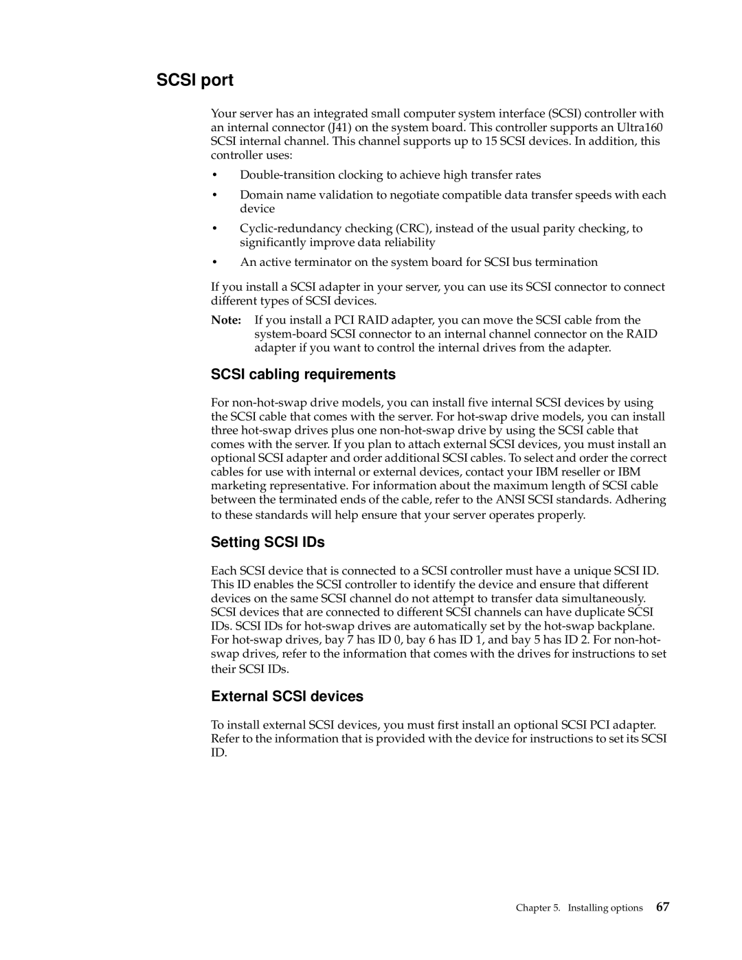 IBM 220 manual Scsi port, Scsi cabling requirements, Setting Scsi IDs, External Scsi devices 