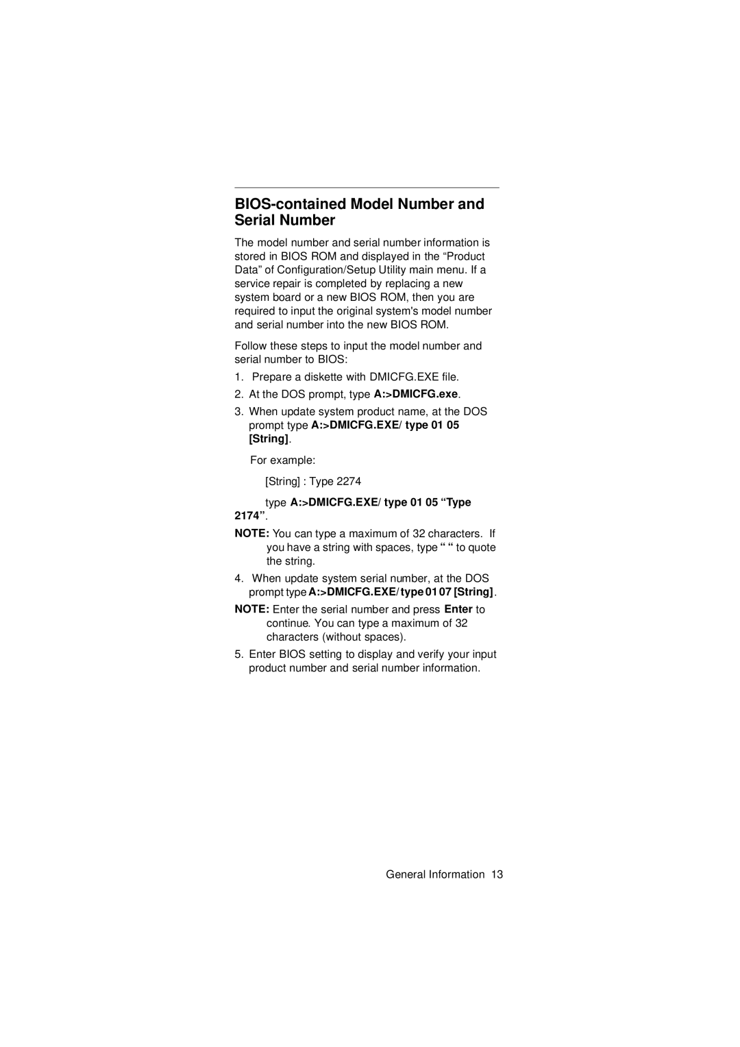 IBM 2274 manual BIOS-contained Model Number and Serial Number, Type ADMICFG.EXE/ type 01 05 Type 