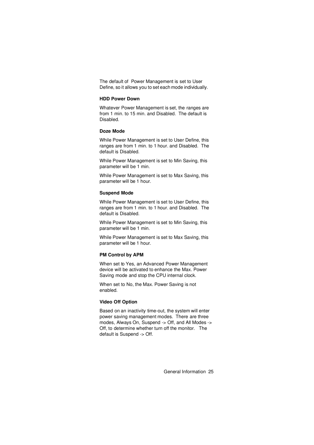 IBM 2274 manual HDD Power Down, Doze Mode, Suspend Mode, PM Control by APM, Video Off Option 