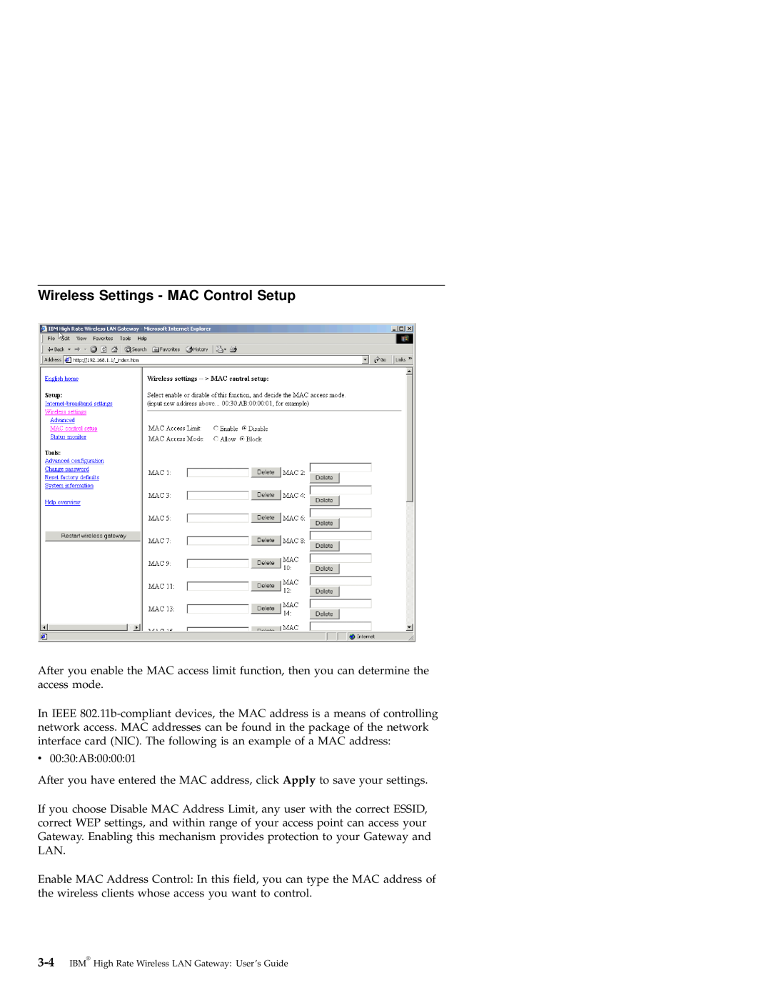 IBM 22P6415 manual Wireless Settings - MAC Control Setup 