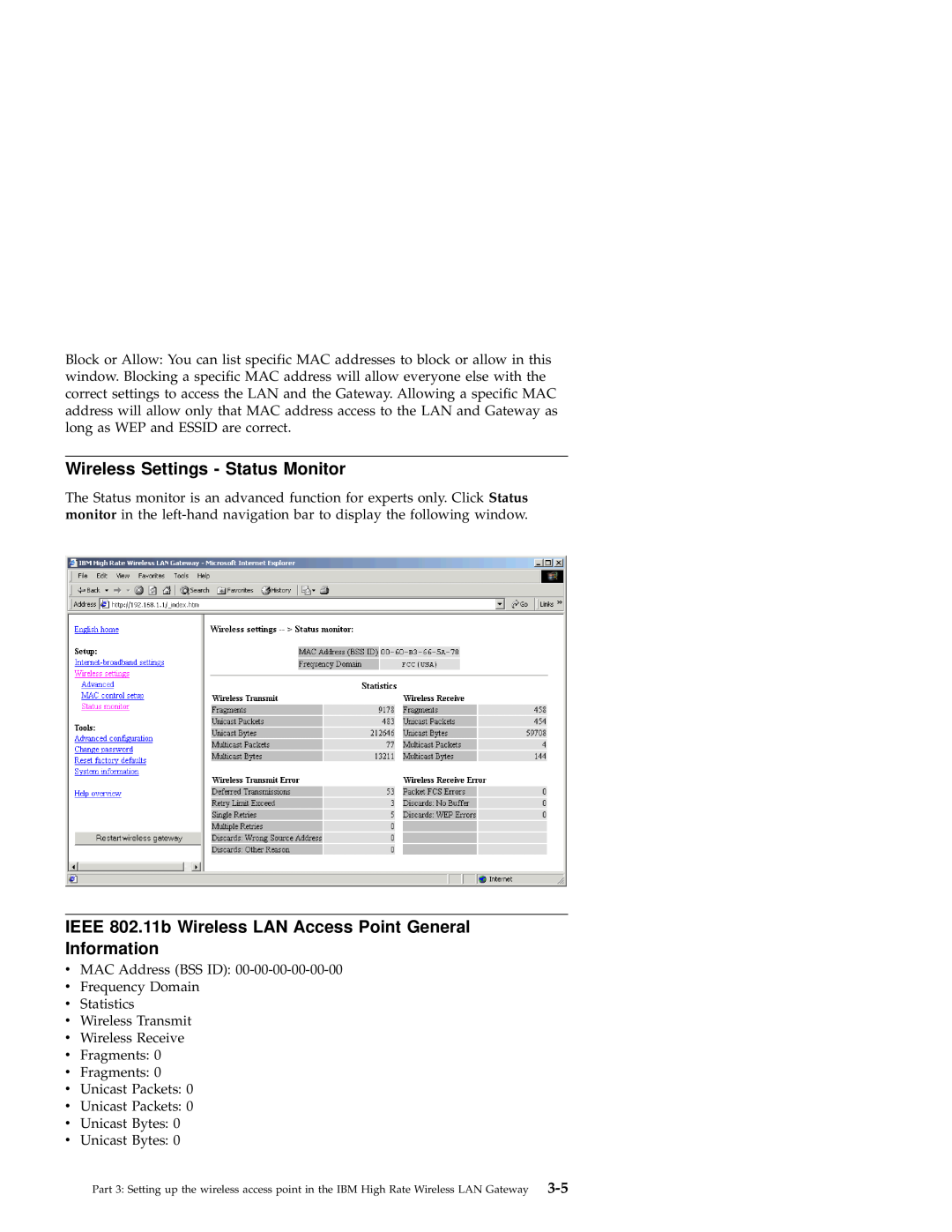 IBM 22P6415 manual Wireless Settings - Status Monitor, IEEE 802.11b Wireless LAN Access Point General Information 