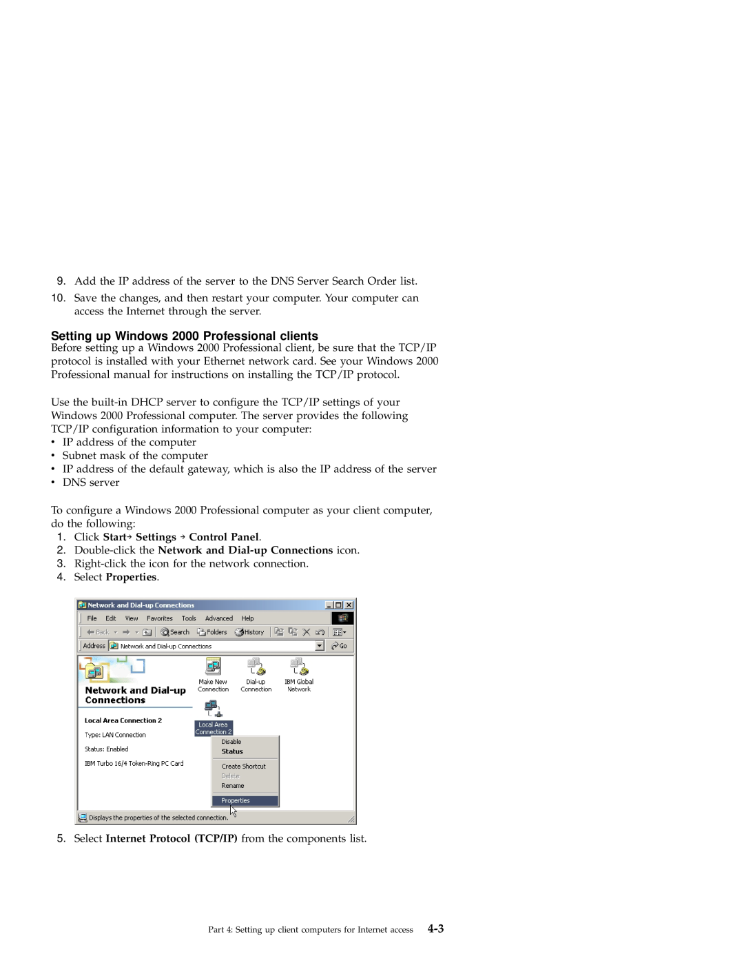 IBM 22P6415 manual Setting up Windows 2000 Professional clients, Click Start→ Settings → Control Panel, Select Properties 