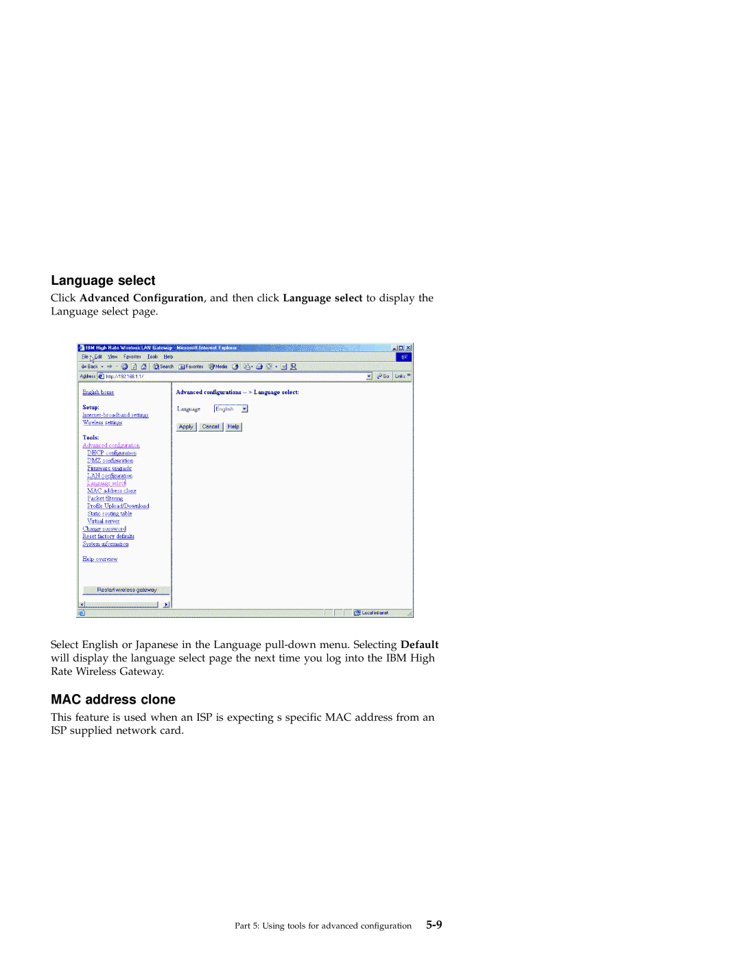 IBM 22P6415 manual Language select, MAC address clone 