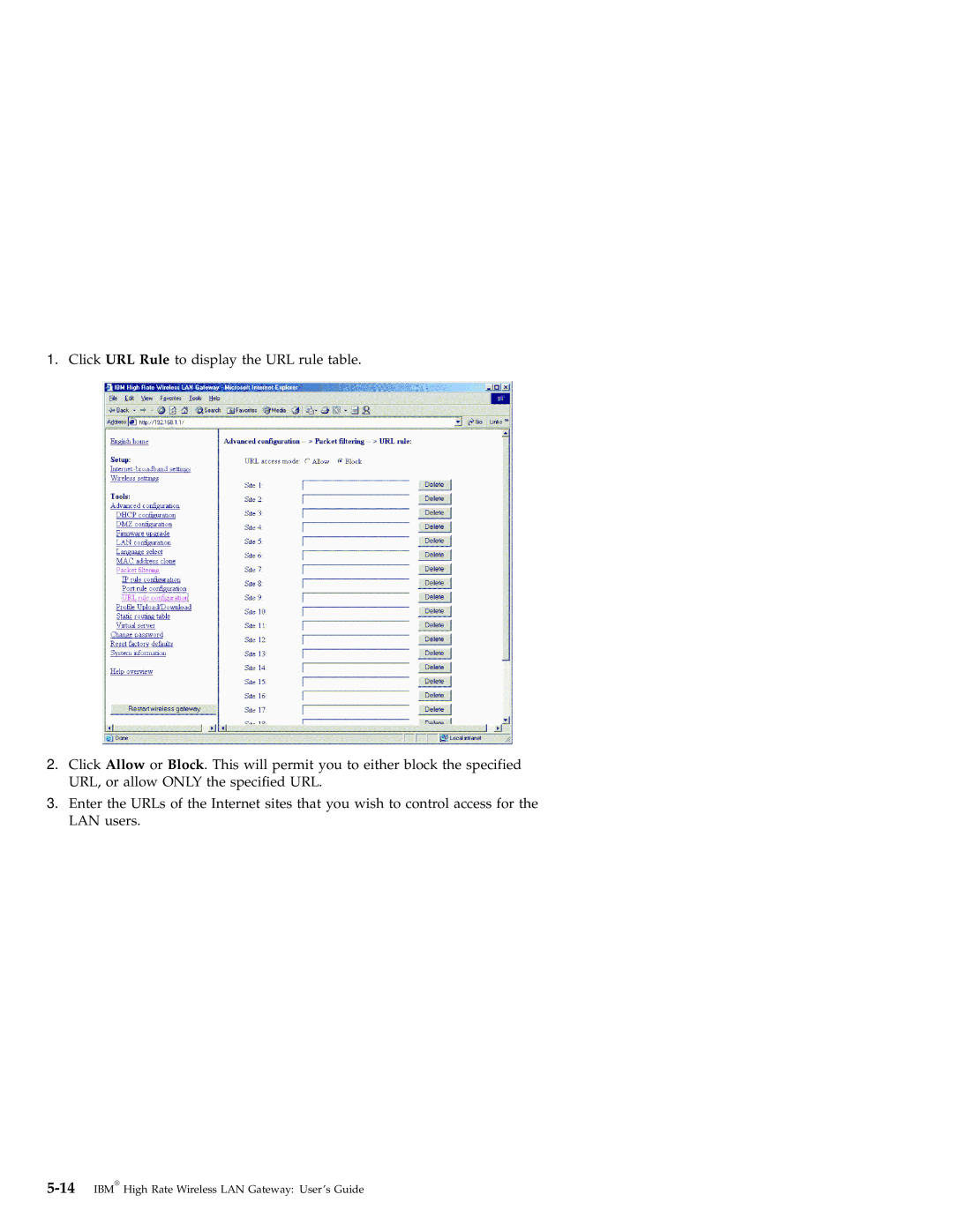 IBM 22P6415 manual Click URL Rule to display the URL rule table 