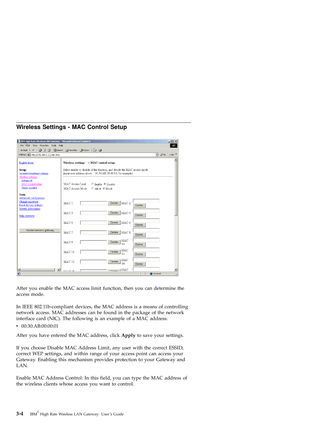 IBM 22P6415 manual Wireless Settings MAC Control Setup 