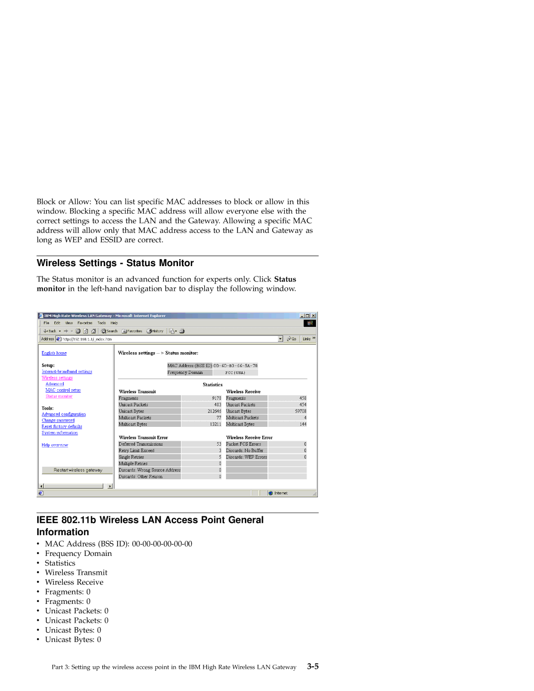 IBM 22P6415 manual Wireless Settings Status Monitor, Ieee 802.11b Wireless LAN Access Point General Information 