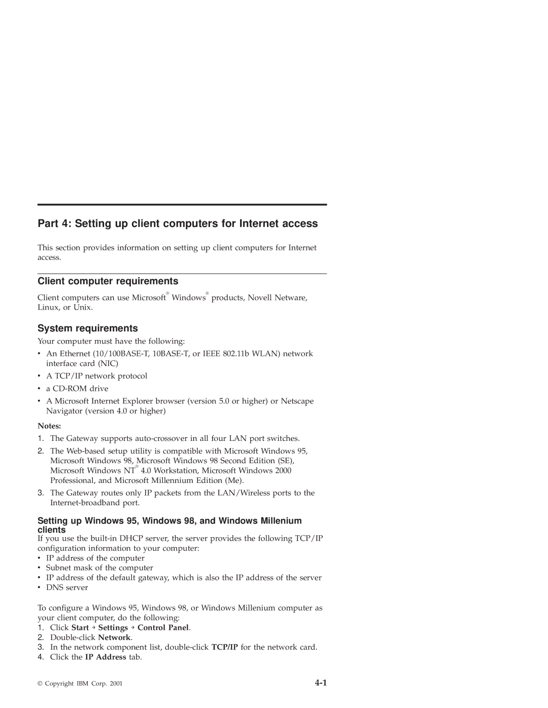 IBM 22P6415 Part 4 Setting up client computers for Internet access, Client computer requirements, System requirements 