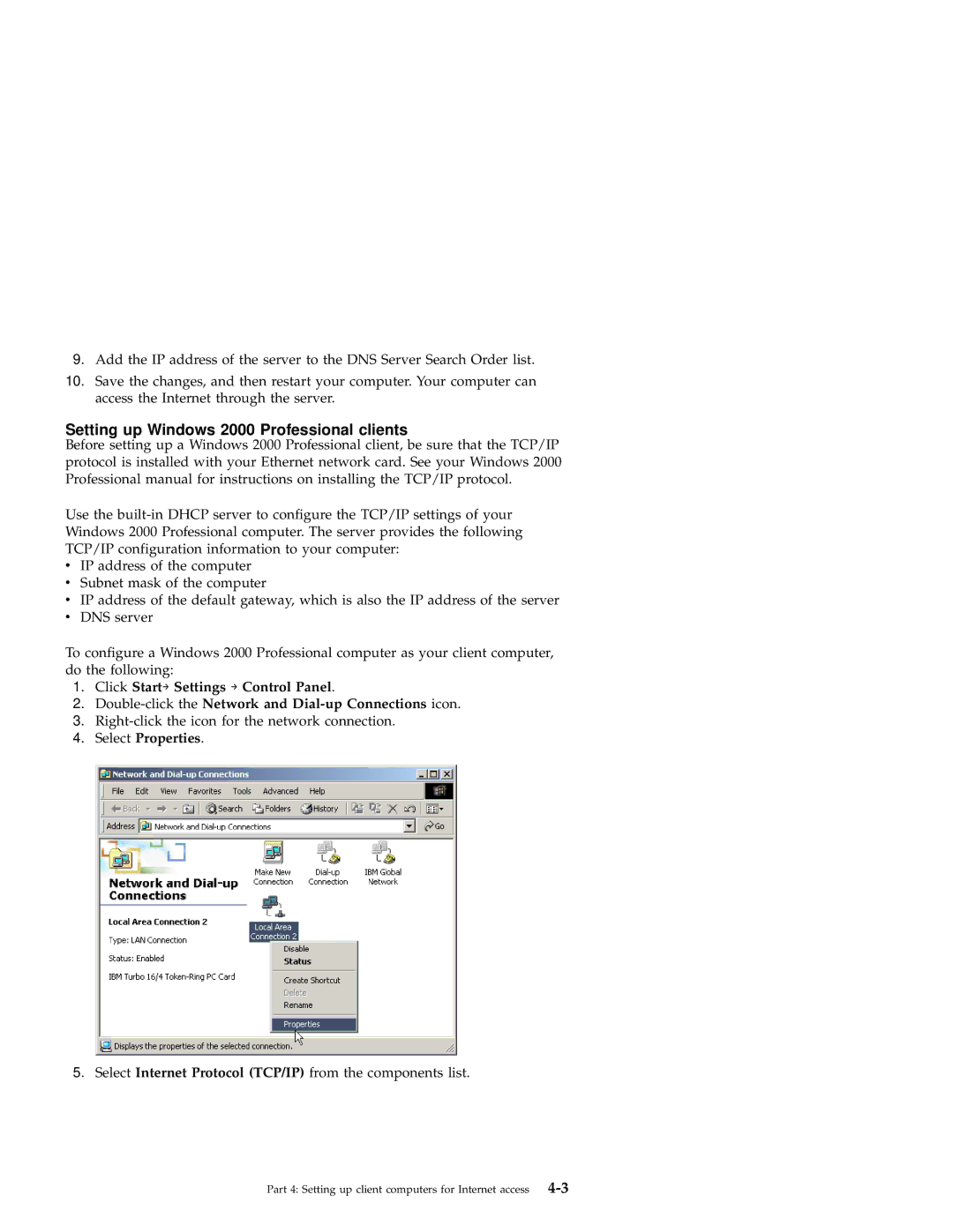 IBM 22P6415 manual Setting up Windows 2000 Professional clients, Select Properties 