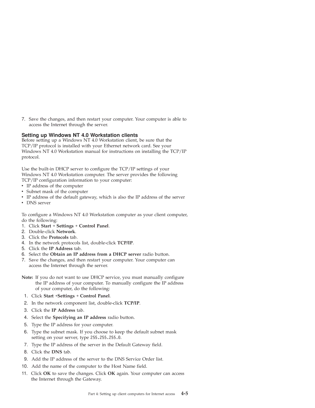 IBM 22P6415 manual Setting up Windows NT 4.0 Workstation clients, Select the Specifying an IP address radio button 