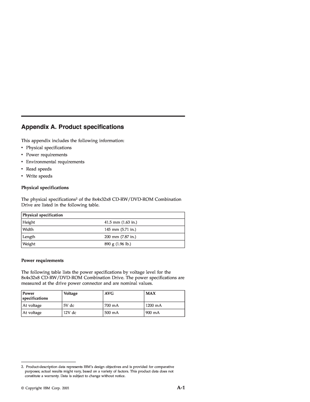 IBM 22P6959 manual Appendix A. Product specifications, Physical specifications, Power requirements 