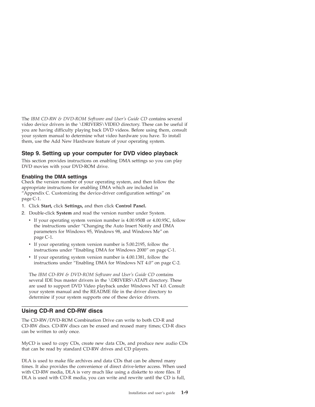 IBM 22P6959 manual Setting up your computer for DVD video playback, Using CD-R and CD-RW discs 