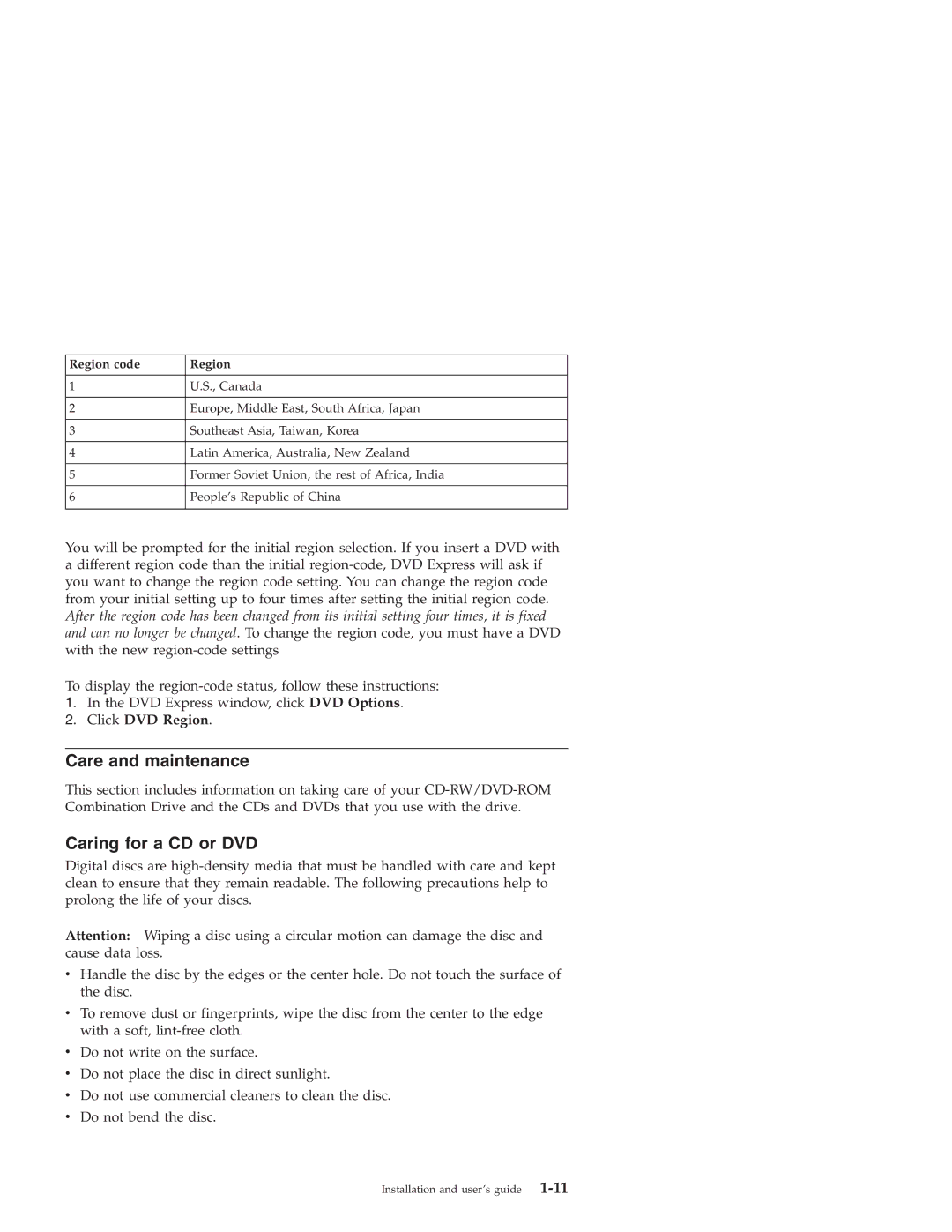 IBM 22P6959 manual Care and maintenance, Caring for a CD or DVD, Click DVD Region 