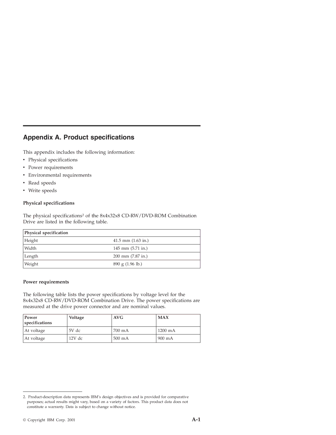 IBM 22P6959 manual Appendix A. Product specifications, Physical specifications, Power requirements 