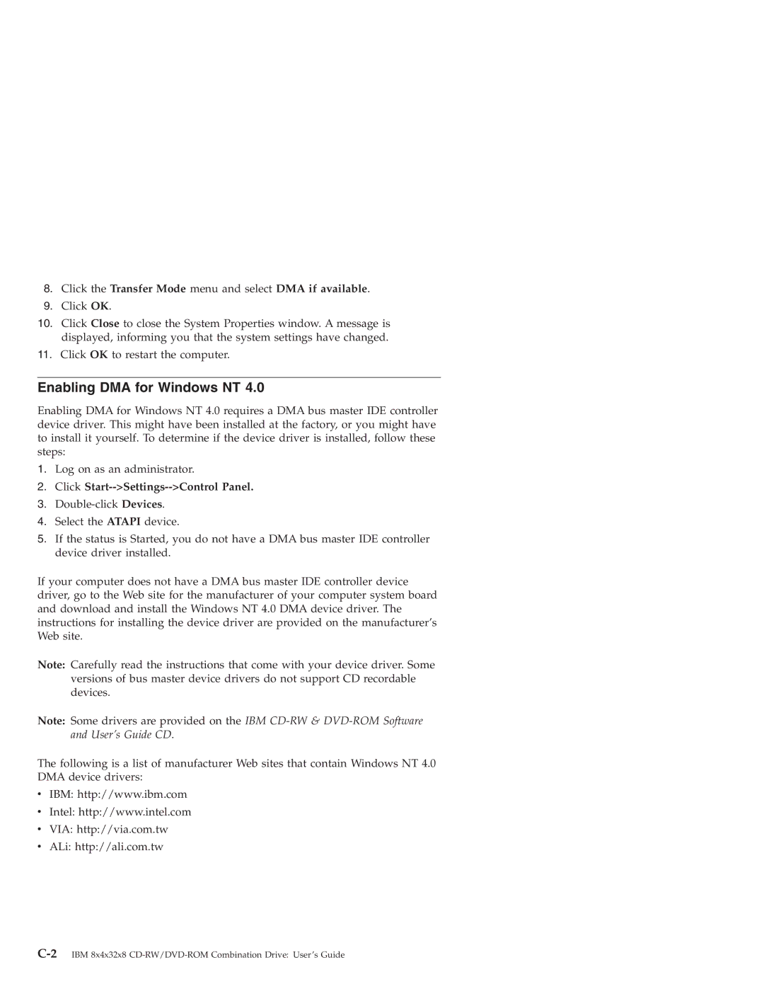 IBM 22P6959 manual Enabling DMA for Windows NT, Click the Transfer Mode menu and select DMA if available 