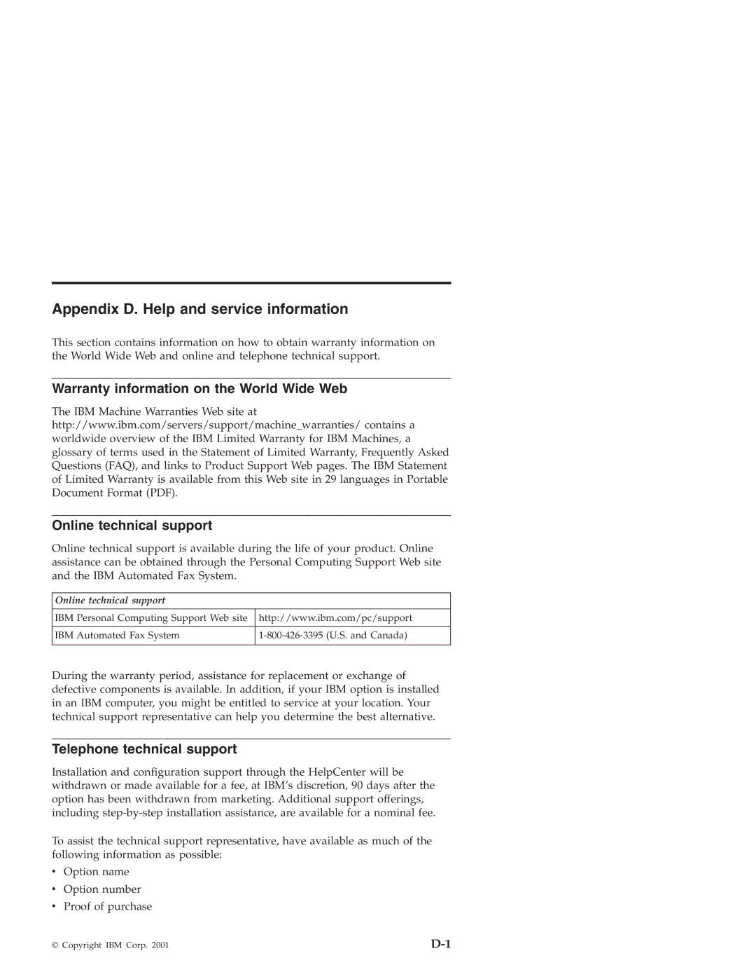 IBM 22P6959 manual Appendix D. Help and service information, Telephone technical support 