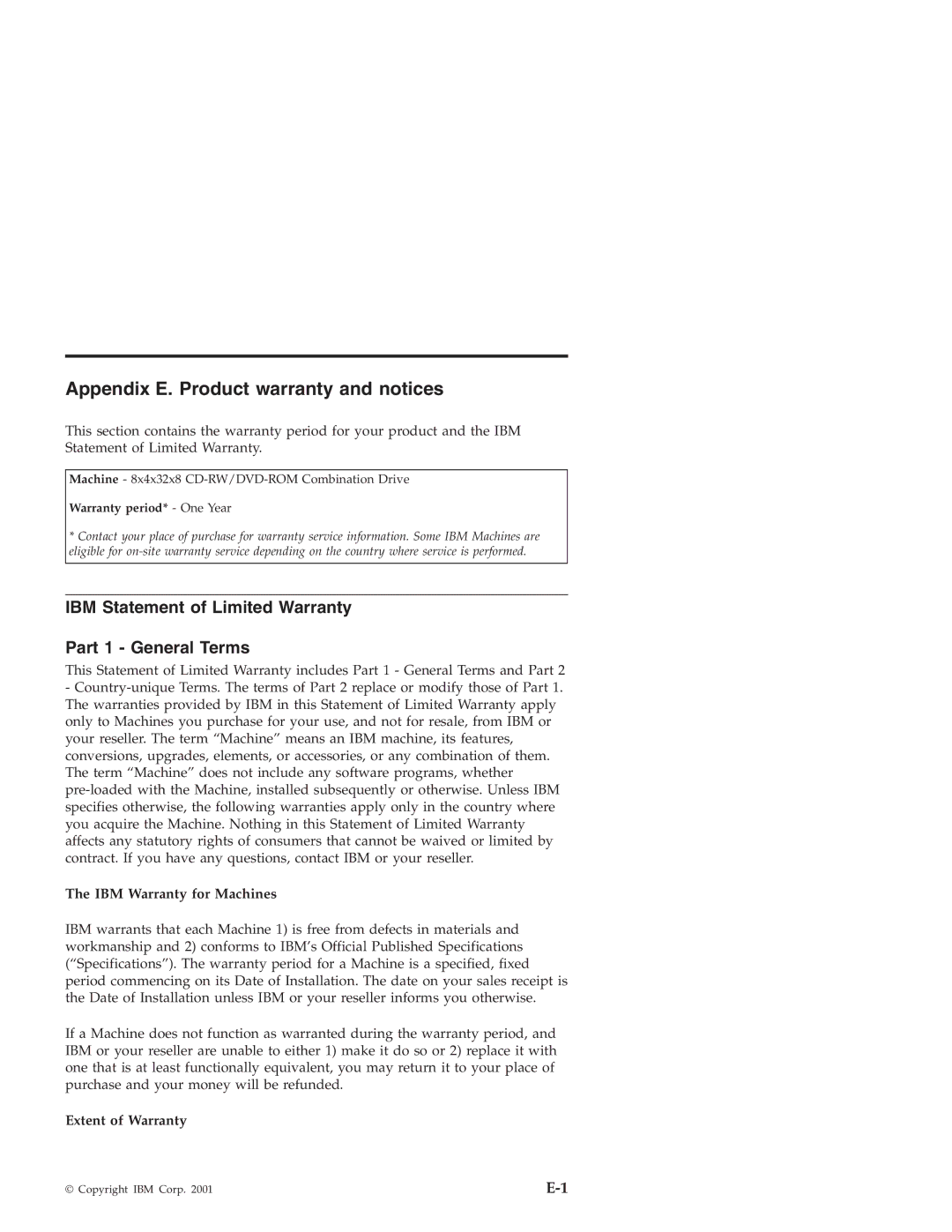 IBM 22P6959 manual Appendix E. Product warranty and notices, IBM Statement of Limited Warranty Part 1 General Terms 