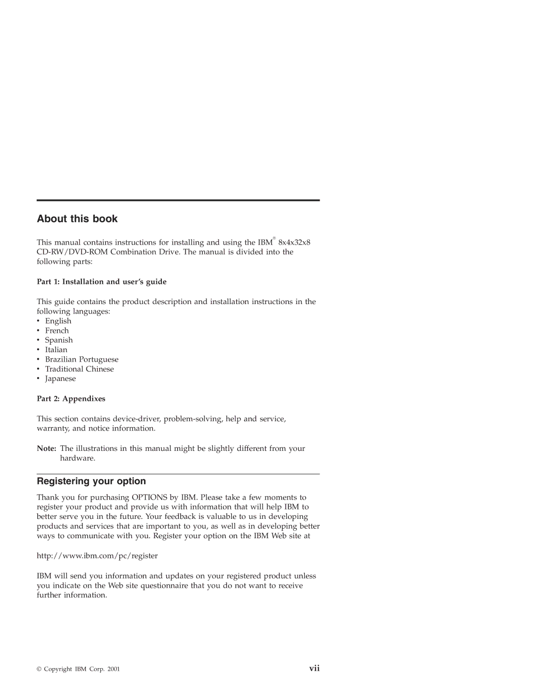 IBM 22P6959 manual About this book, Registering your option, Part 1 Installation and user’s guide, Part 2 Appendixes 