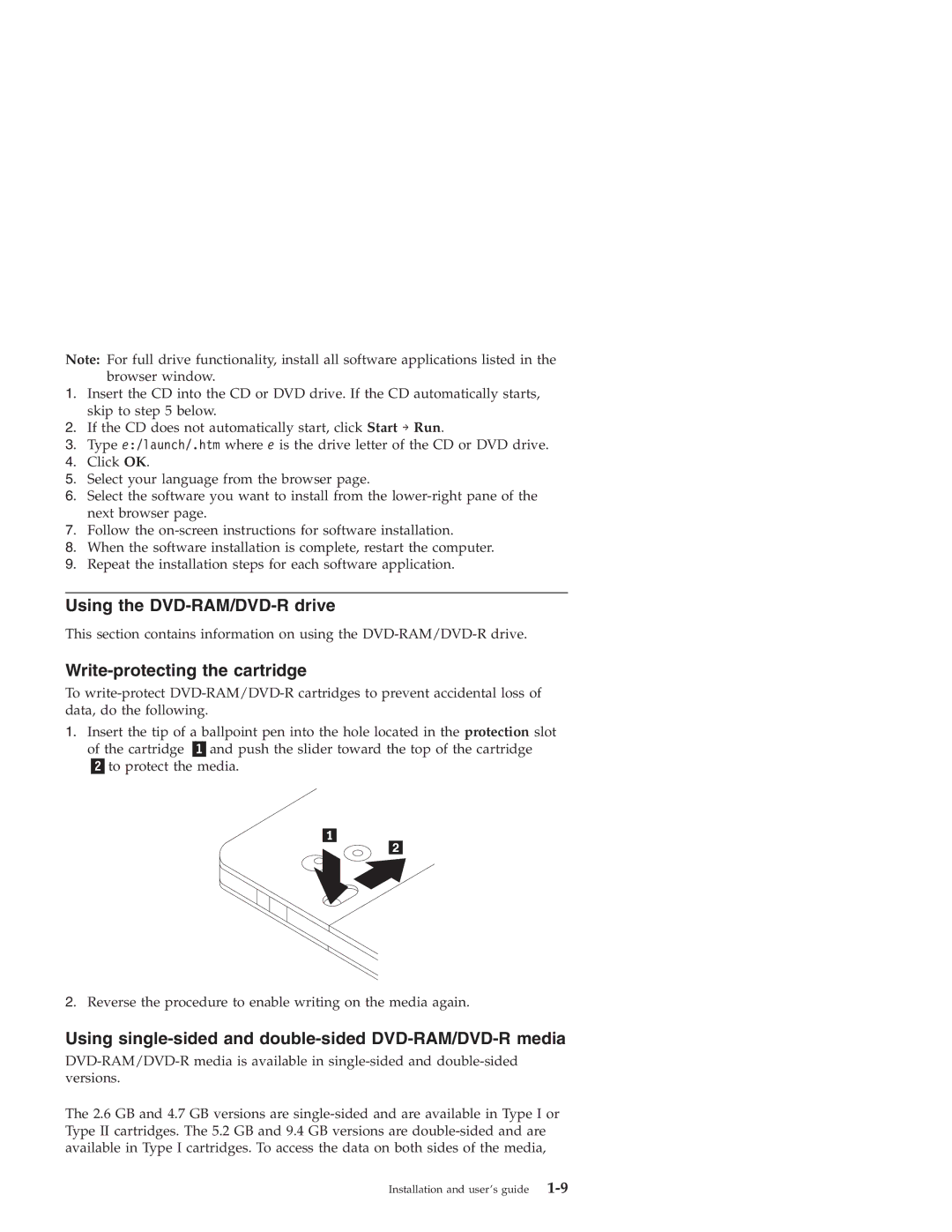 IBM 22P6960 manual Using the DVD-RAM/DVD-R drive, Write-protecting the cartridge 