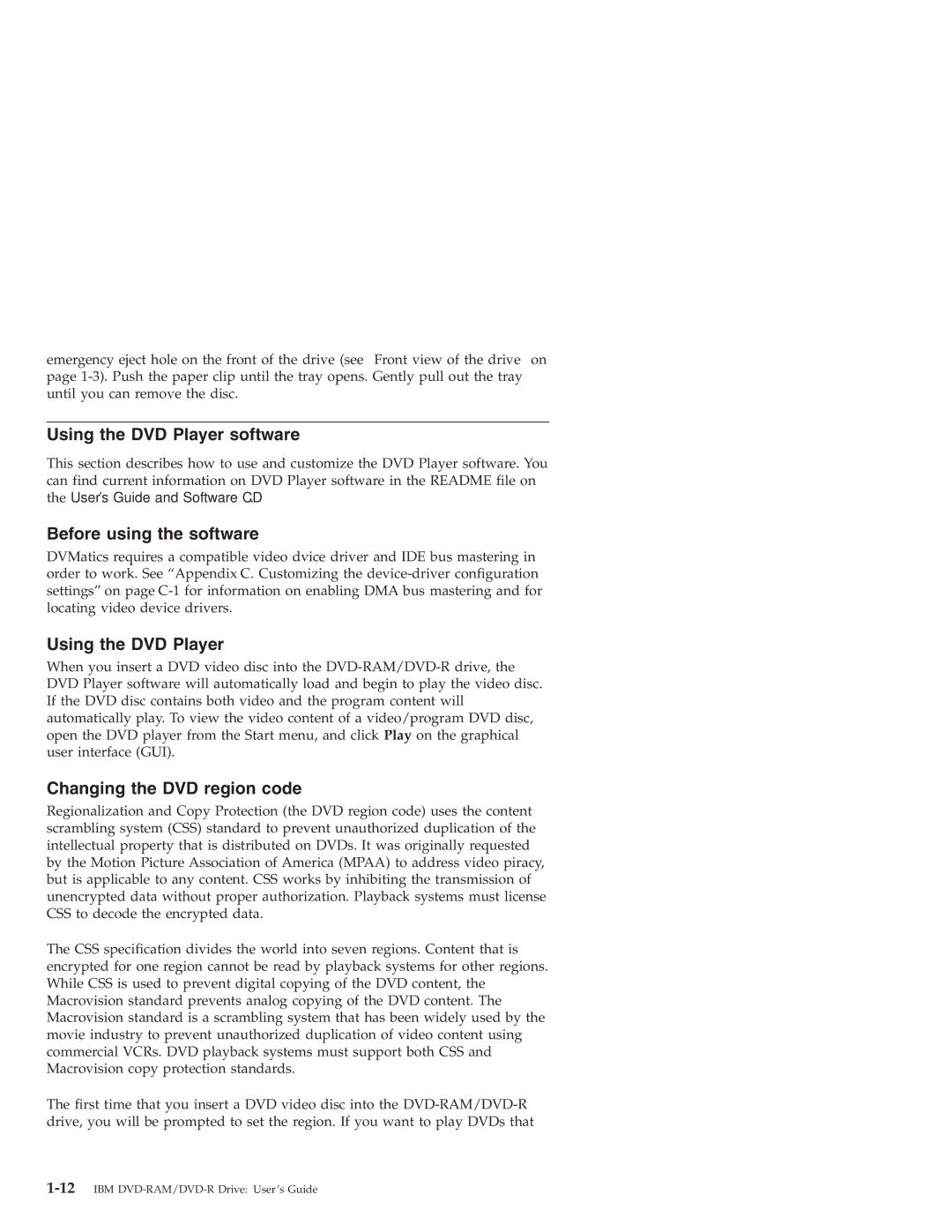 IBM 22P6960 manual Using the DVD Player software, Before using the software, Changing the DVD region code 