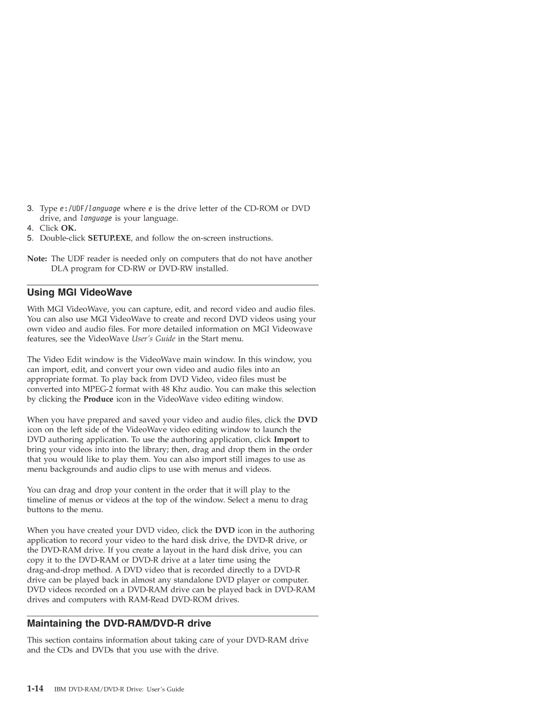 IBM 22P6960 manual Using MGI VideoWave, Maintaining the DVD-RAM/DVD-R drive 