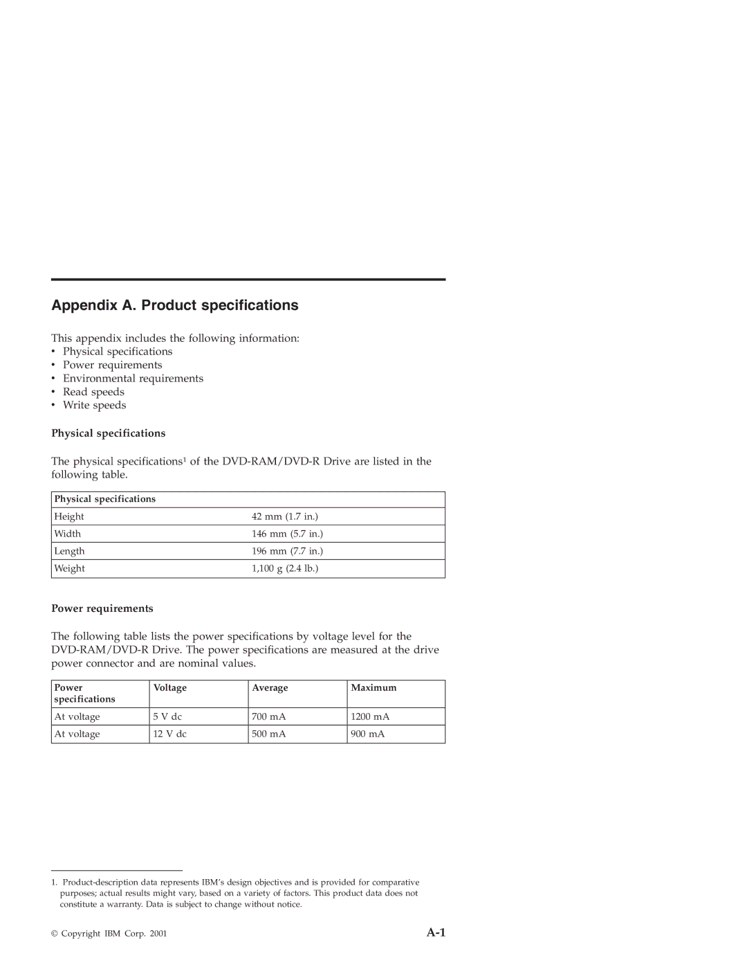 IBM 22P6960 manual Appendix A. Product specifications, Physical specifications, Power requirements 